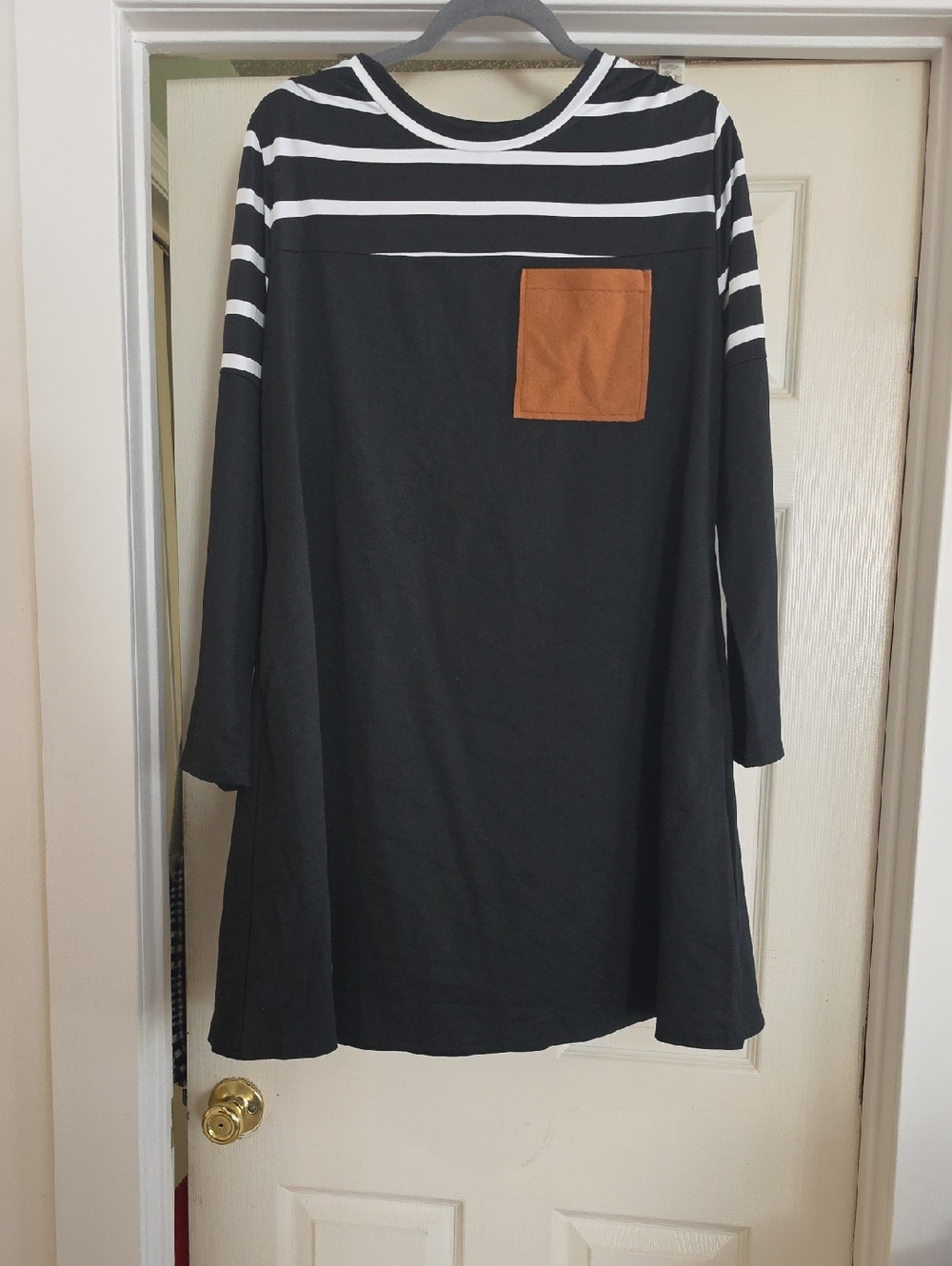 SHEIN Black & White Striped Long Sleeve Dress with Brown Pocket